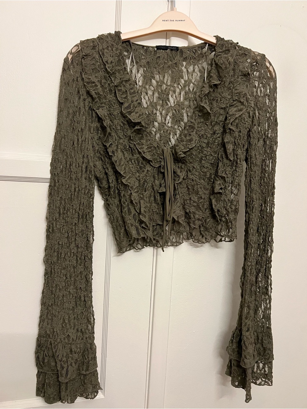 Zara Olive Green Lace Ruffled Tie-Front Blouse